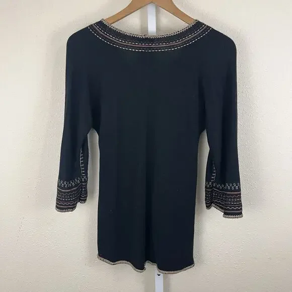 Lucky Brand XS Boho Embroidered Knit Tunic 3/4 Sleeve Flare Hem Top - Picture 2 of 3